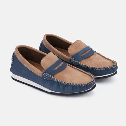 Blue/Beige Suede Leather Moccasin Shoes